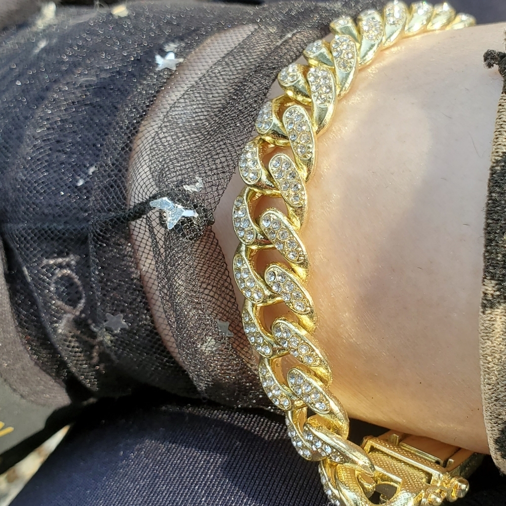 JEWELRY ANKLE BRACELET GOLD PLATE W/CRYSTALS ICED OUT CUBAN CHAIN 10" ANKLE